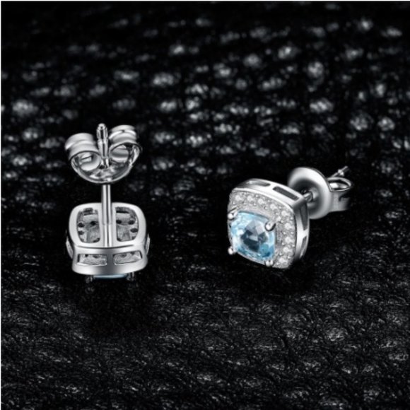 Blue Topaz Halo Sterling Silver Earrings NEW - Picture 3 of 4